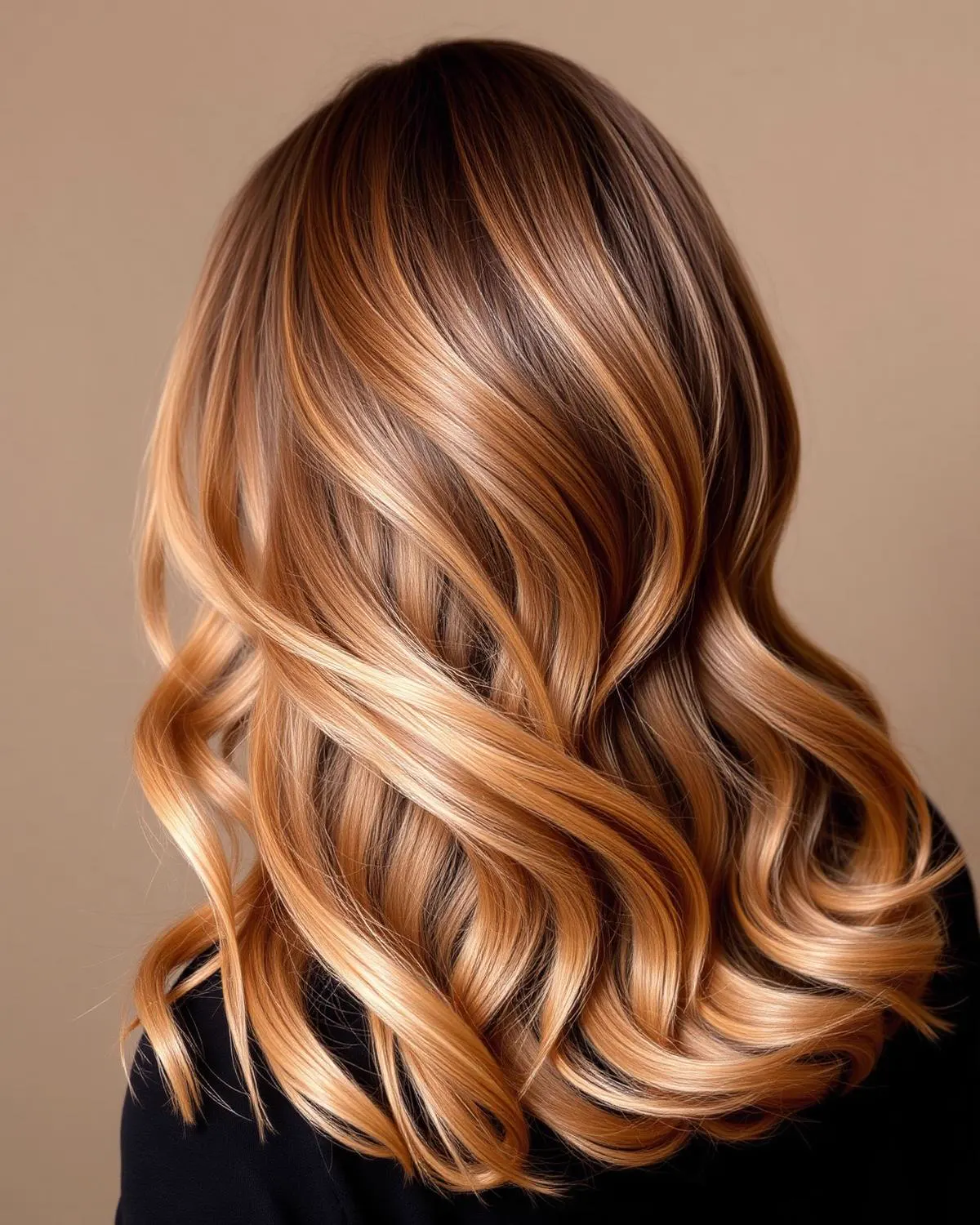 Warmes Balayage in Honig- und Karamelltönen auf welligem Haar