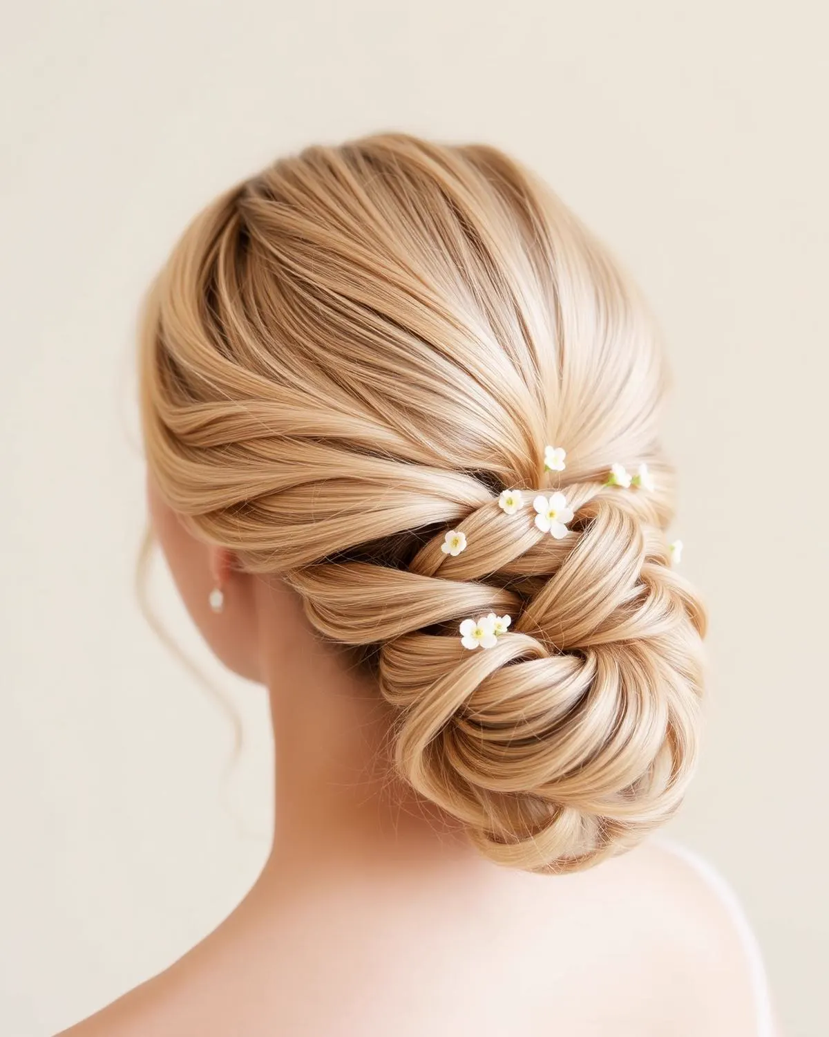Geflochtene Hochsteckfrisur auf blondem Haar mit kleinen Blüten