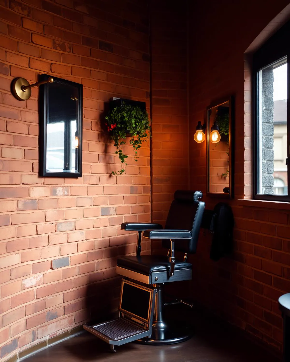 Warme Salonecke mit Ziegelwand und Vintage-Stuhl